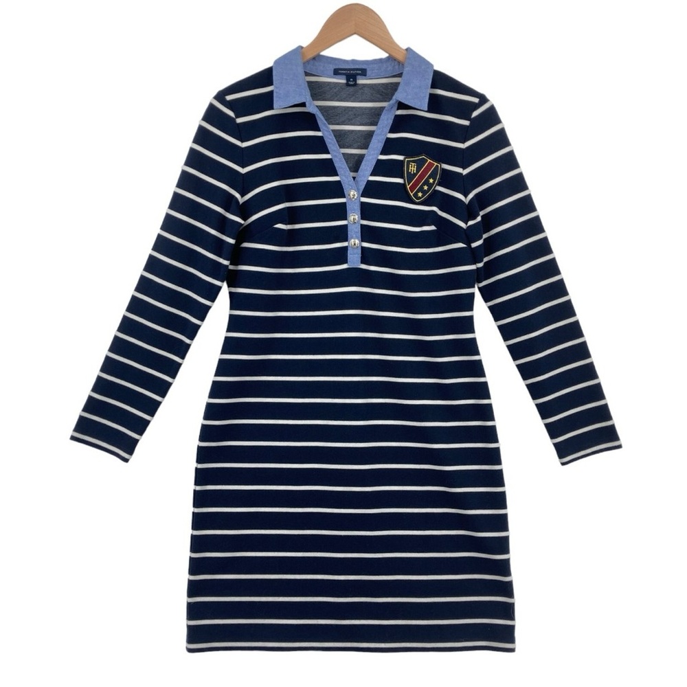 Tommy Hilfiger Navy Blue & White Striped Cotton Blend Knit Dress (Size Medium) - Picture 2 of 11
